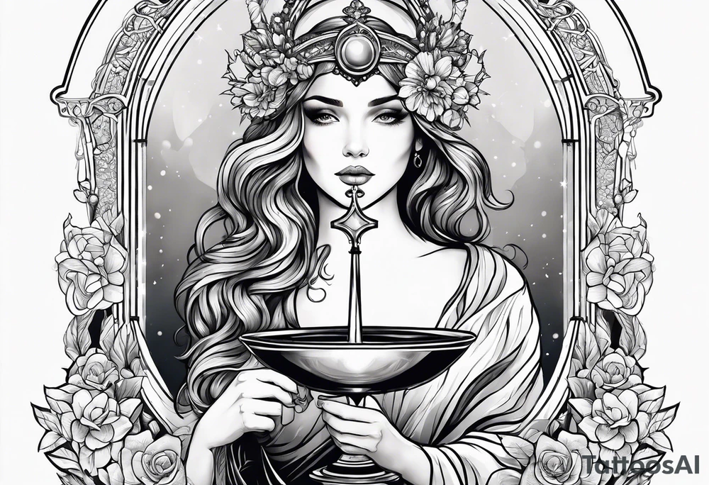 a woman with a halo holding a chalice tattoo idea