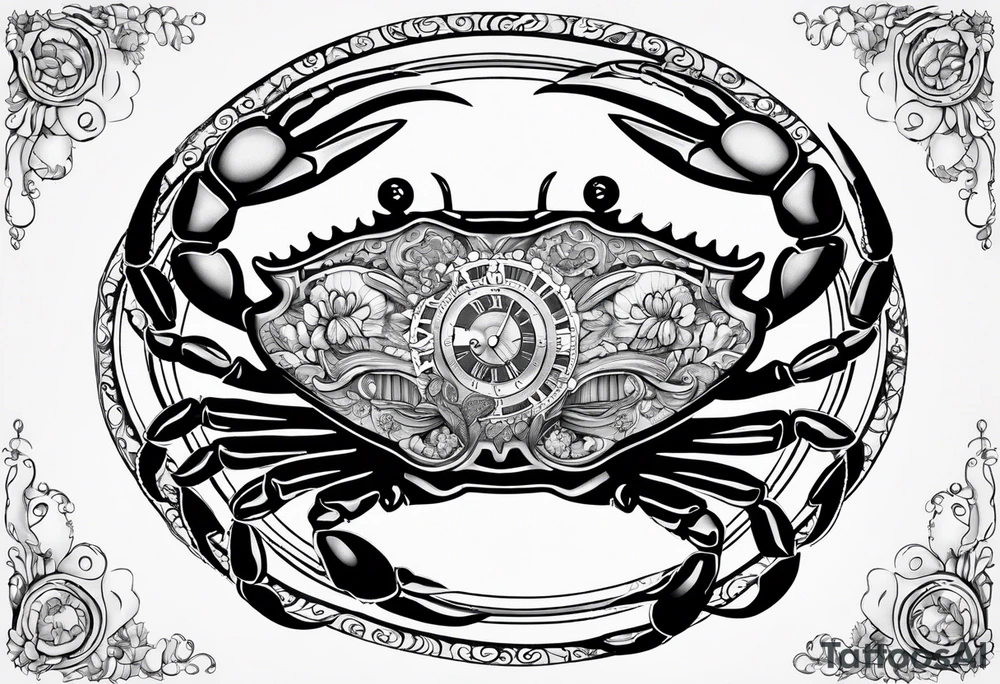 Zodiac crab with clock tattoo idea