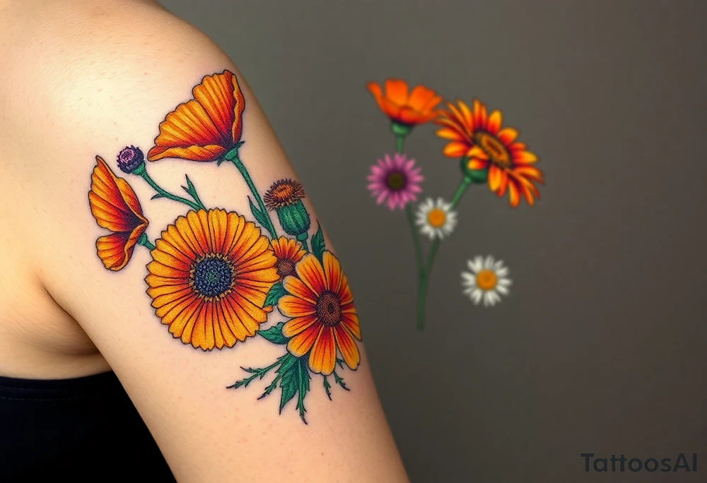 Create an image of an upper arm tattoo (from shoulder cap to just above the elbow) comprised of California poppies, California blackberries, gray’s lupine, marsh marigold, Indian paintbrush, one daisy, and an orange and orange blossom. More realistic and Use color. Bigger bundle and less stems tattoo idea
