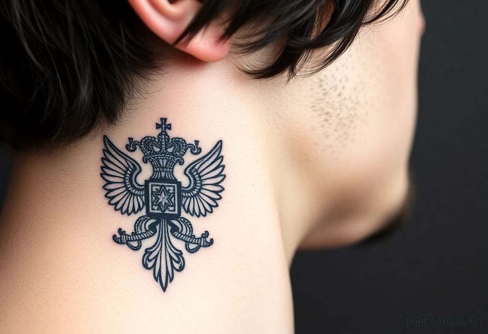 russian coat arms in a russian christian orthodox cross style virgin mary & orthodox dome church on the side of the neck tattoo idea