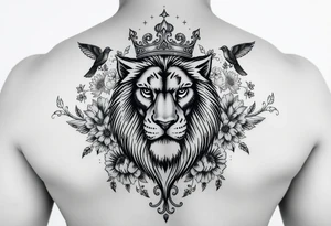 powerful majestic lion with a crown, surrounded by floral ornaments and birds tattoo idea