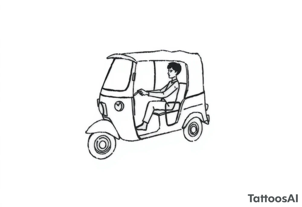Create a simple tuk tuk. Add a boy in the vehicle. Add a heart to indicate that the boy is in love. tattoo idea