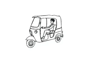 Create a simple tuk tuk. Add a boy in the vehicle. Add a heart to indicate that the boy is in love. tattoo idea