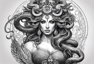 Medusa with snake hair and harpy sleeve tattoo idea