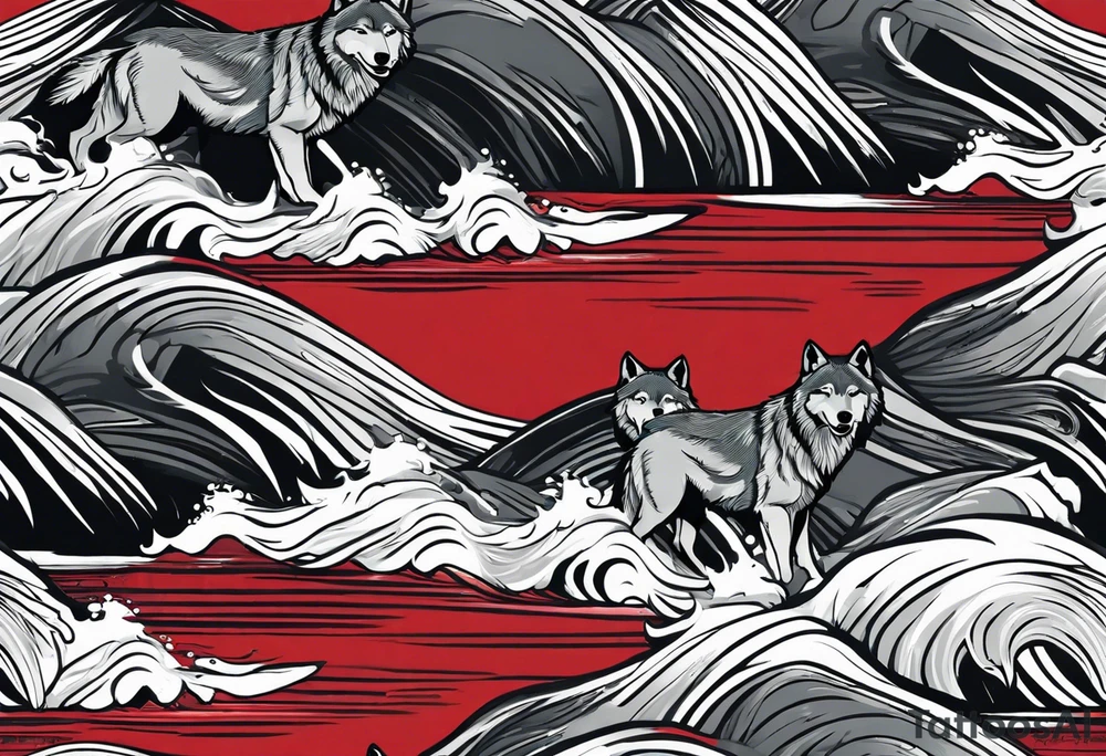 a pack of 3 howling muscular  gray wolves surfing waves with a linear background with red, white and black and gray tattoo idea