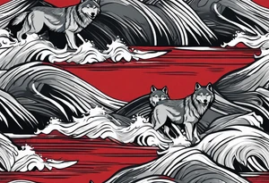 a pack of 3 howling muscular  gray wolves surfing waves with a linear background with red, white and black and gray tattoo idea