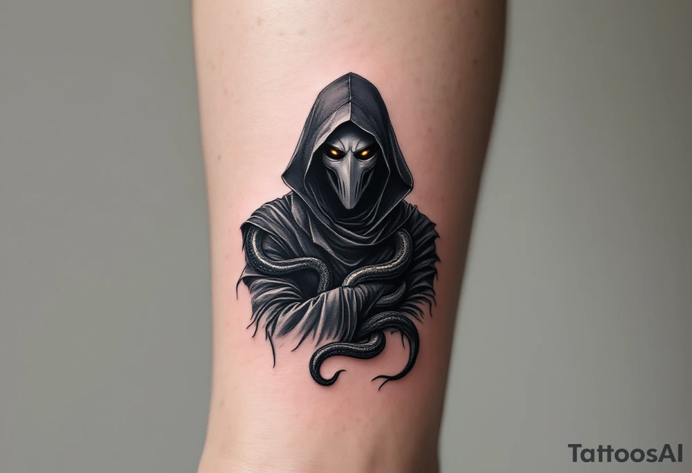 Plague Doctor with a Snake – A dark-robed doctor with a silver-gray mask, with a black viper wrapped around their arm, symbolizing healing and poison. The snake's eyes glow deep amber, adding a mystical touch. tattoo idea