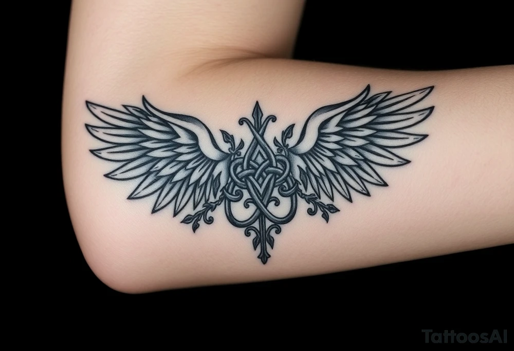 tribal pattern with elements of wings, leaves, vines, elven celtic knots, super detailed, intricate designs tattoo idea