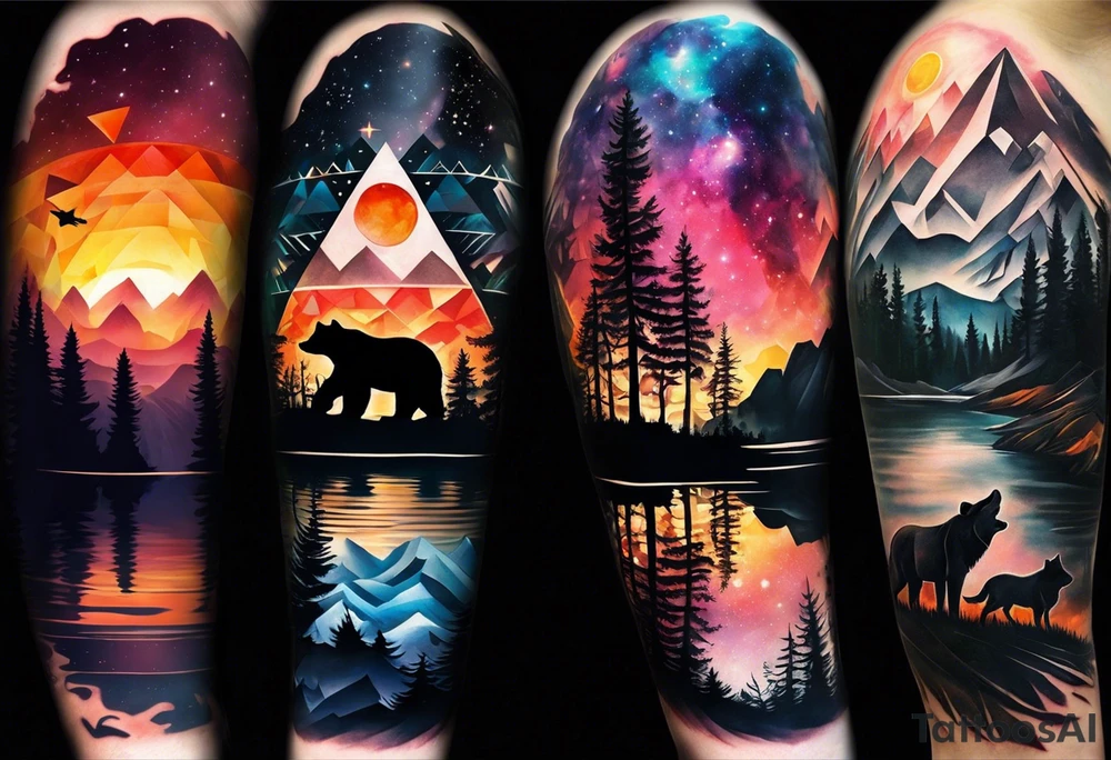 I need to create a sleeve tattoo from shoulder to wrist. The design should include space, stars, forest, sunset, mountains, cliffs, waterfall, water, ocean, wild animals (bear, wolves, elephant), and inserts of triangles and geometric figures. I have two children – a son, Sergei (the eldest), and a daughter, Anna, who live with me and my wife. But I also have another daughter, Marianna, whom I haven't seen for a long time and eagerly await to meet. The tattoo should symbolize love and protection for my children and family, the desire to secure their future, and confidence in tomorrow. It should reflect the notion of not looking back, but always moving forward and achieving goals! tattoo idea