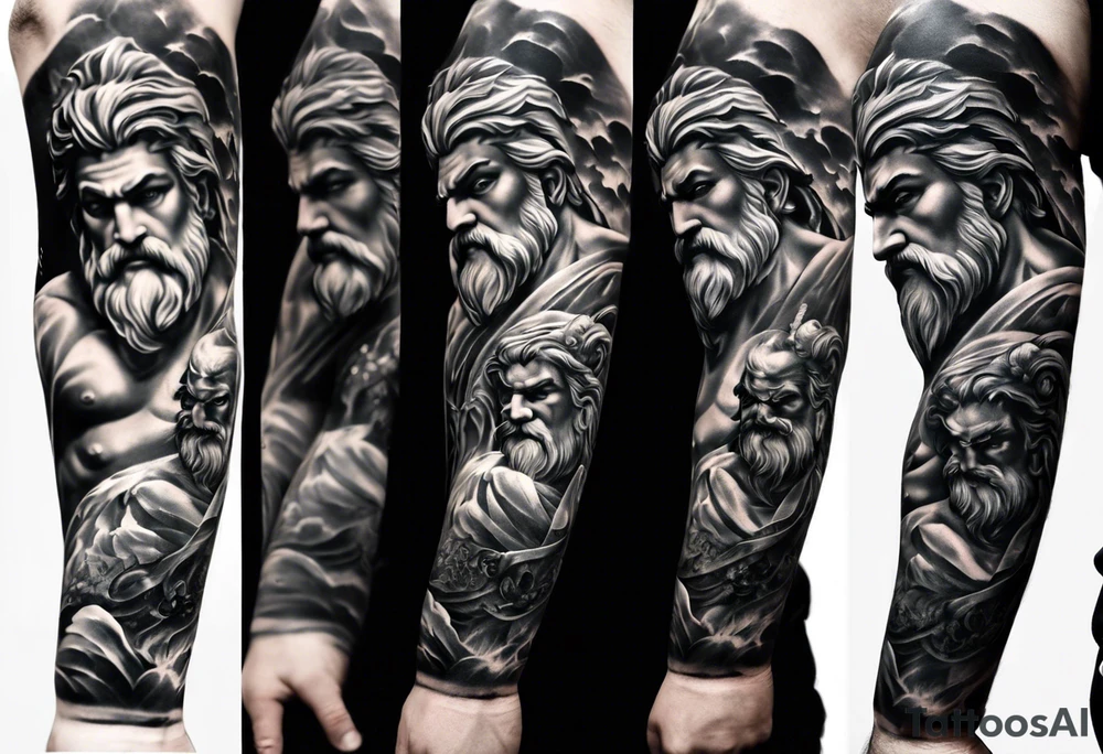 Full left arm tattoo sleeve with the Greek gods, Zeus, Poseidon and Hades. Zeus is at the left shoulder, Poseidon is at the left upper arm and Hades is at the left forearm. tattoo idea