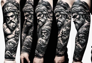 Full left arm tattoo sleeve with the Greek gods, Zeus, Poseidon and Hades. Zeus is at the left shoulder, Poseidon is at the left upper arm and Hades is at the left forearm. tattoo idea