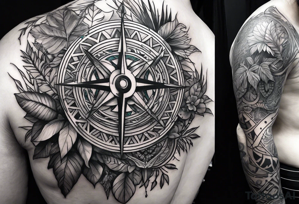 full sleeve tattoo with jungle plants and viking compass tattoo idea