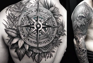 full sleeve tattoo with jungle plants and viking compass tattoo idea