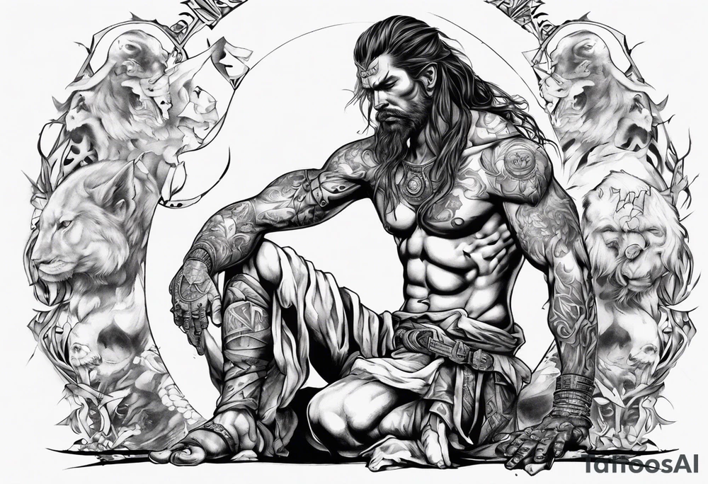 Peaceful and savage warrior kneeling with the whole world resting on his hand above shoulders tattoo idea