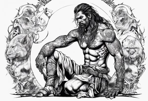Peaceful and savage warrior kneeling with the whole world resting on his hand above shoulders tattoo idea