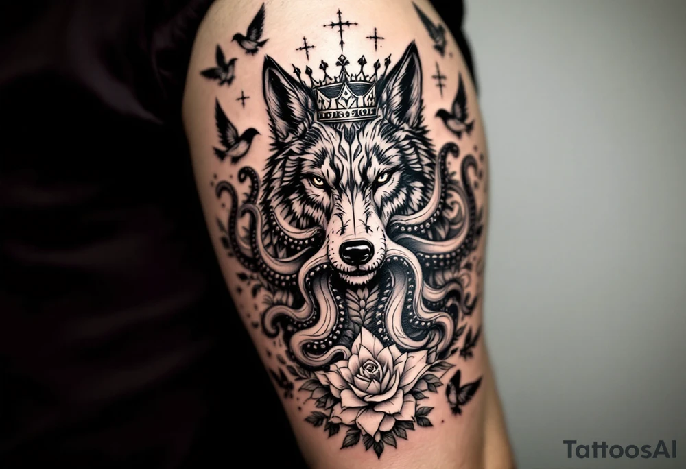 powerful majestic wolf octopus with a crown, surrounded by floral ornaments and birds tattoo idea