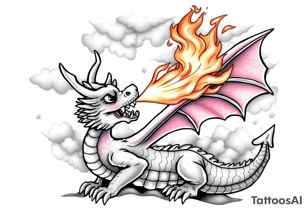 fierce dragon breathing iridescent fire against stormy skies tattoo idea
