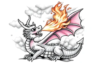fierce dragon breathing iridescent fire against stormy skies tattoo idea