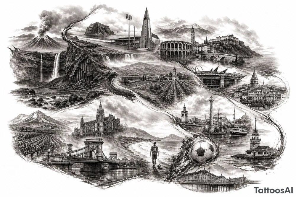 Iceland x3 (sindri, ibv, stjarnan) Italy x2 (Verona, Sassuolo) Spain (Logrono) Turkey x2 (Fenerbahce, Besiktas) Hungary (Fradi) France (Bordeaux) Something to do with football journey, surreal style to fit on arm forearm or inner bicep no crests just main attractions of each country tattoo idea