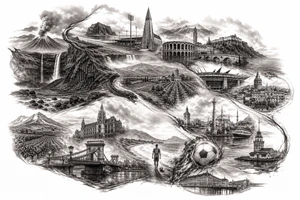 Iceland x3 (sindri, ibv, stjarnan) Italy x2 (Verona, Sassuolo) Spain (Logrono) Turkey x2 (Fenerbahce, Besiktas) Hungary (Fradi) France (Bordeaux) Something to do with football journey,  surreal style to fit on arm forearm or inner bicep no crests just main attractions of each country tattoo idea