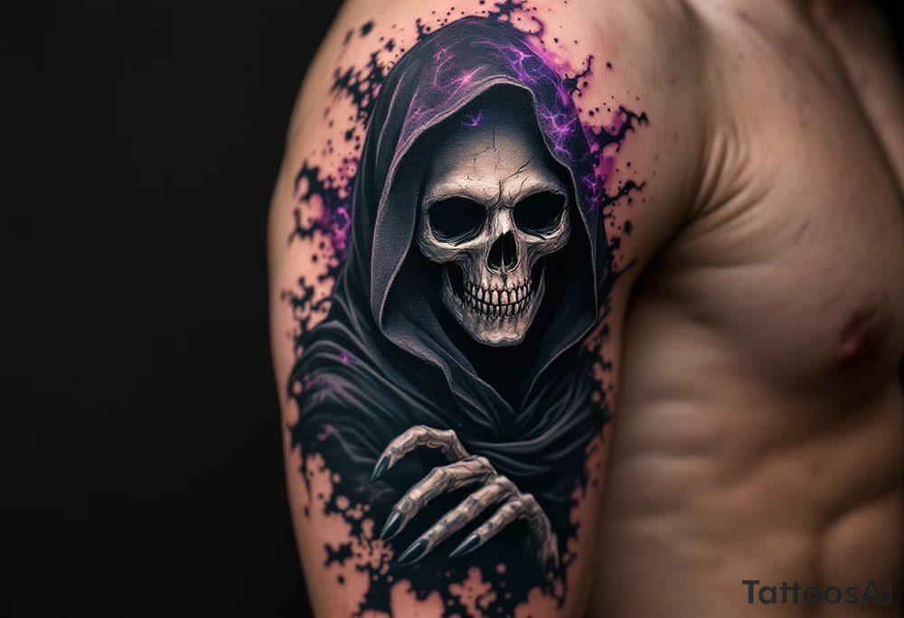 A surreal Grim Reaper dissolving into shadows with highlights of violet, black, and silver. tattoo idea