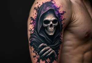 A surreal Grim Reaper dissolving into shadows with highlights of violet, black, and silver. tattoo idea