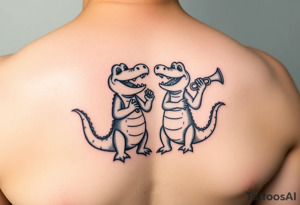 Two cartoon alligators playing music together with trombone and trumpet tattoo idea