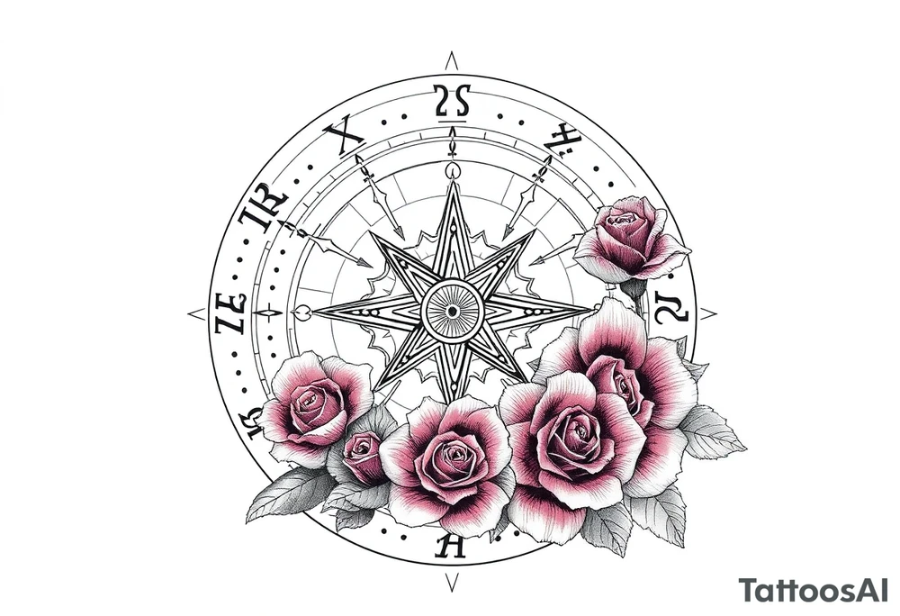 zodiac symbols the elements and Norse runes within ornate compass with roses lilly sunflowers tattoo idea