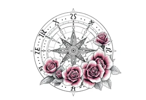 zodiac symbols the elements and Norse runes within ornate compass with roses lilly sunflowers tattoo idea