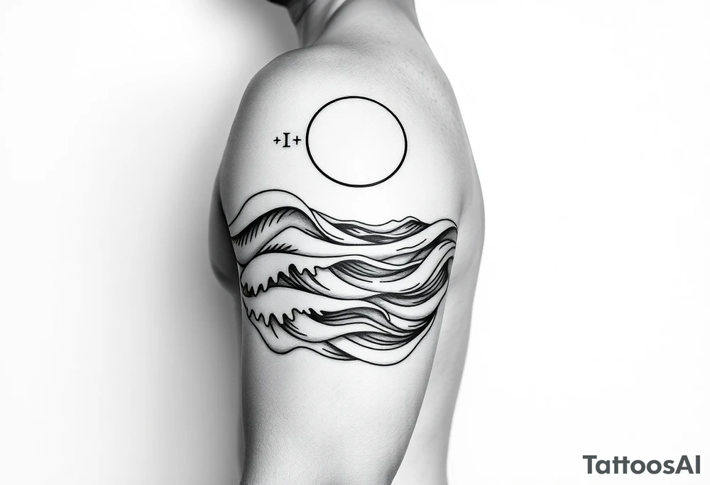 Wrap-around tattoo design, black and white line art. Stylized calm sea with flowing waves wrapping around the arm, horizon line extending seamlessly. Above the horizon, a glowing sun or moon integrated into the circular flow, with subtle Norse runes (Algiz, Raido) hidden in the light. Balanced, elegant, marine and mythological atmosphere. Clean outlines, high contrast, stencil-ready for forearm tattoo. tattoo idea