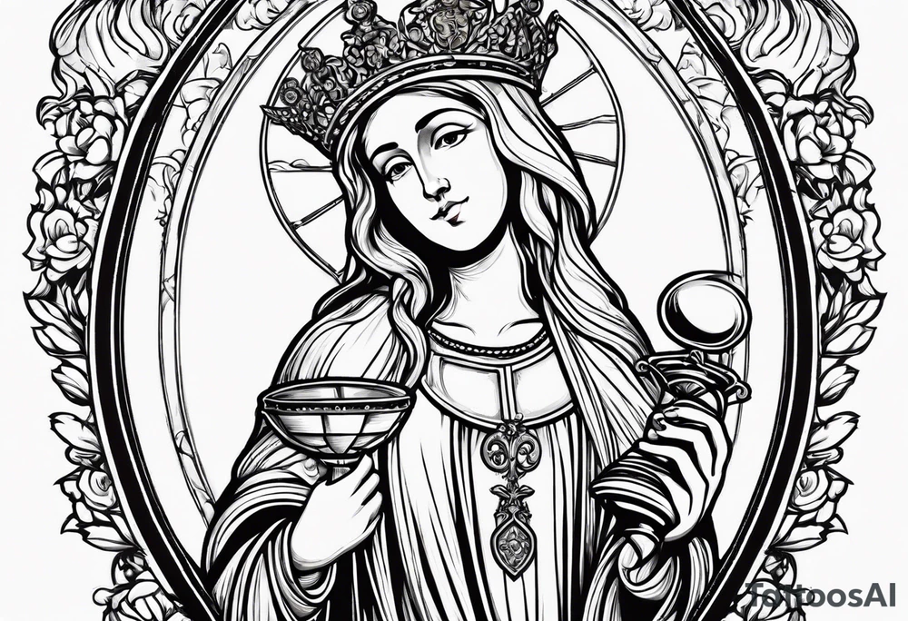 holy saint barbara with canons behind her and a chalice tattoo idea