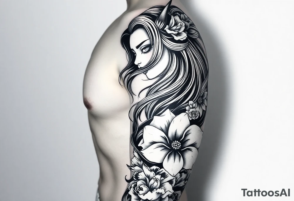 Full sleeve Japanese-inspired tattoo design featuring a beautiful female oni (demon woman) with an elegant, mysterious expression, one hand partially covering her face, long flowing hair integrated into swirling wind and wave patterns, large detailed chrysanthemums and peonies woven through the composition, dynamic negative space with bold black fills and smooth gradients, traditional Japanese cloud and water motifs, high-contrast black and grey with soft shading and sharp linework, balanced composition wrapping around the arm, modern neo-Japanese illustrative style. tattoo idea