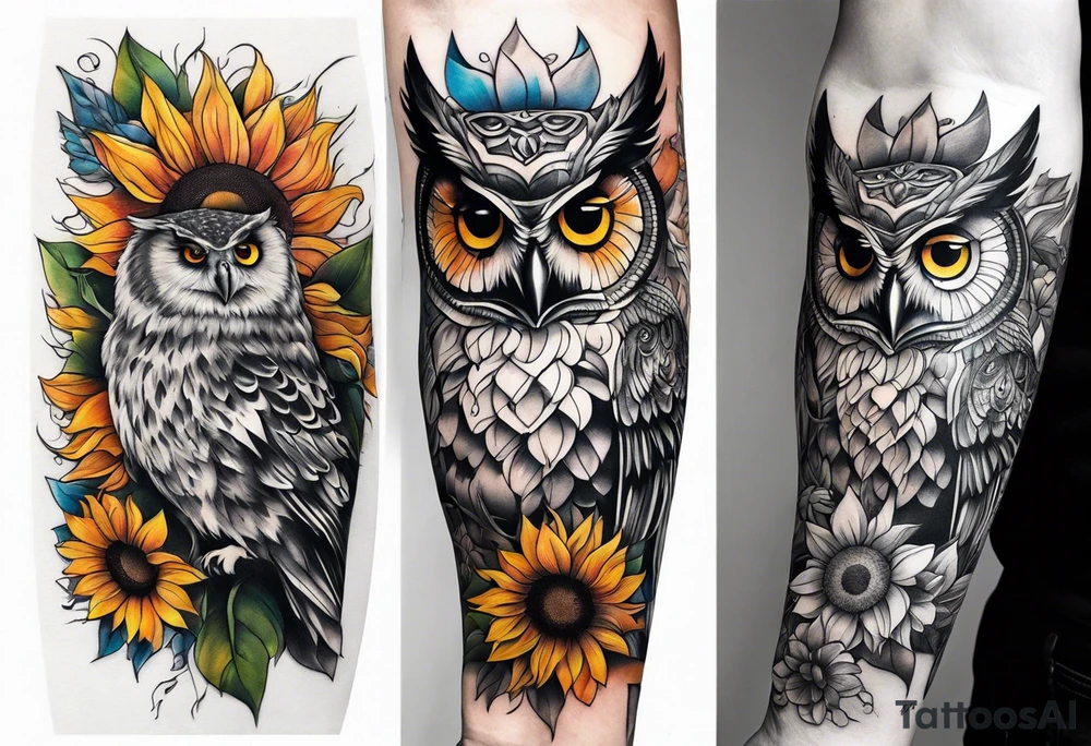Arm sleeve with colorful sunflowers and an owl tattoo idea