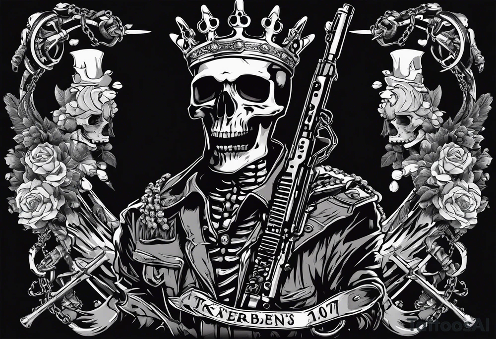 image of a skeleton standing frontally with a crown on his head, holding an AK-47 on his shoulder with his right hand. The chain on the left should be taut, there are three angry barking Dobermans in it, near the waist tattoo idea