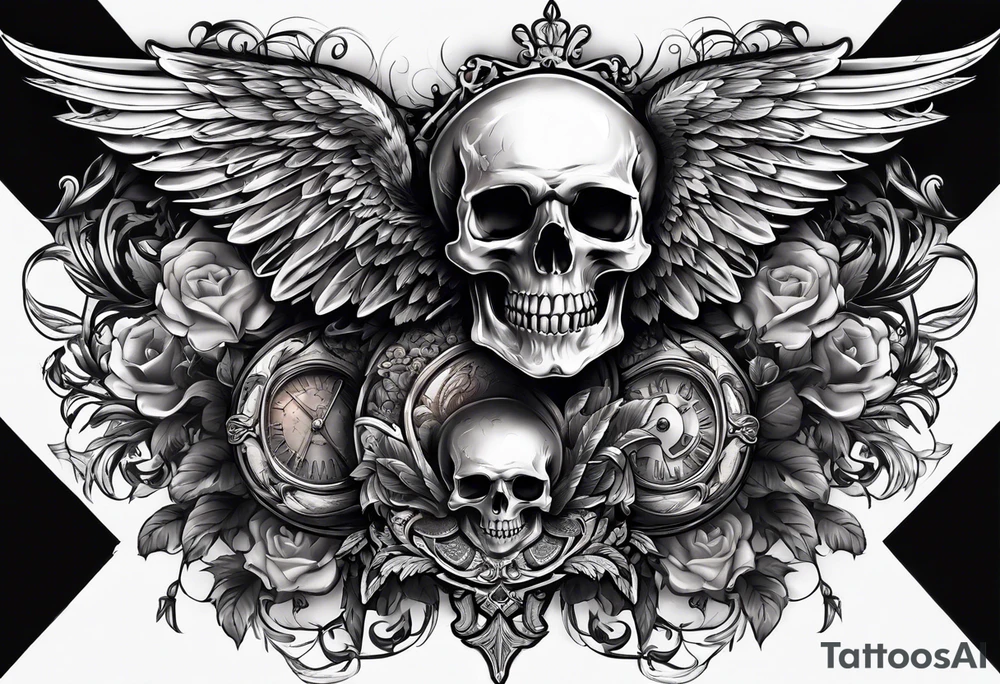chest skull and wings tattoo idea