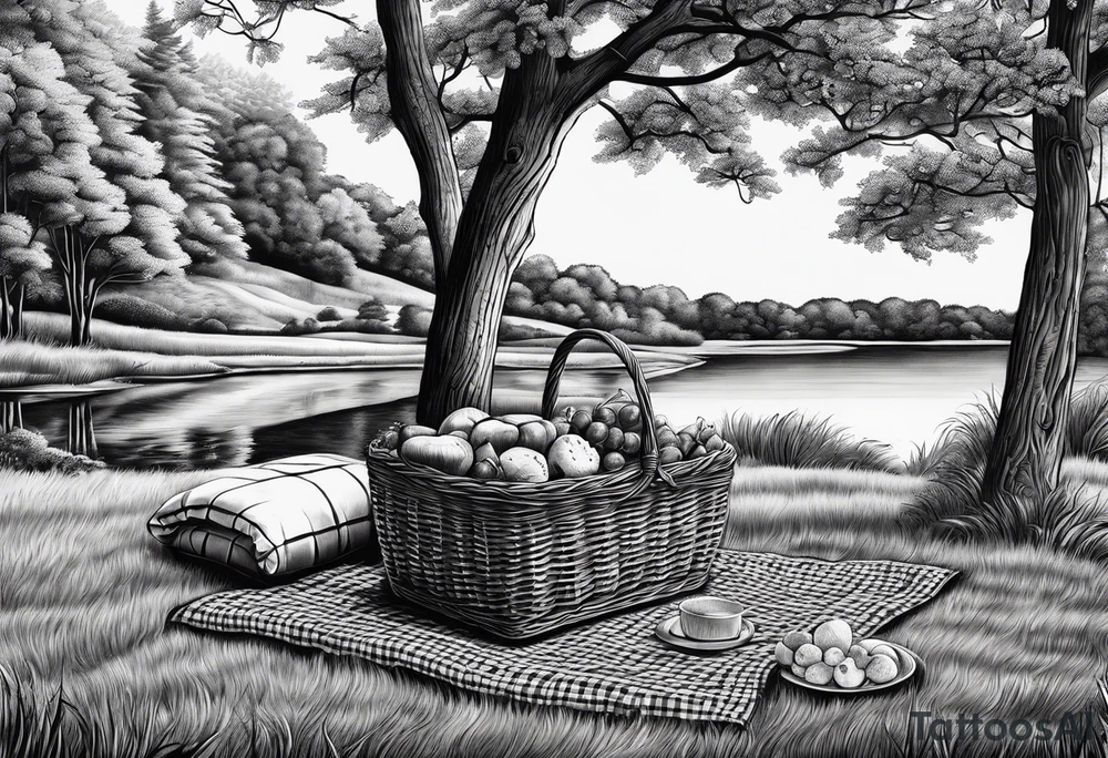 picnic scene in nature with a shecker blanket, a picnic basket and pillows. no food tattoo idea