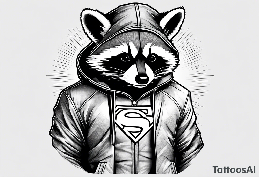 Raccoon wearing a Superman hoodie tattoo idea