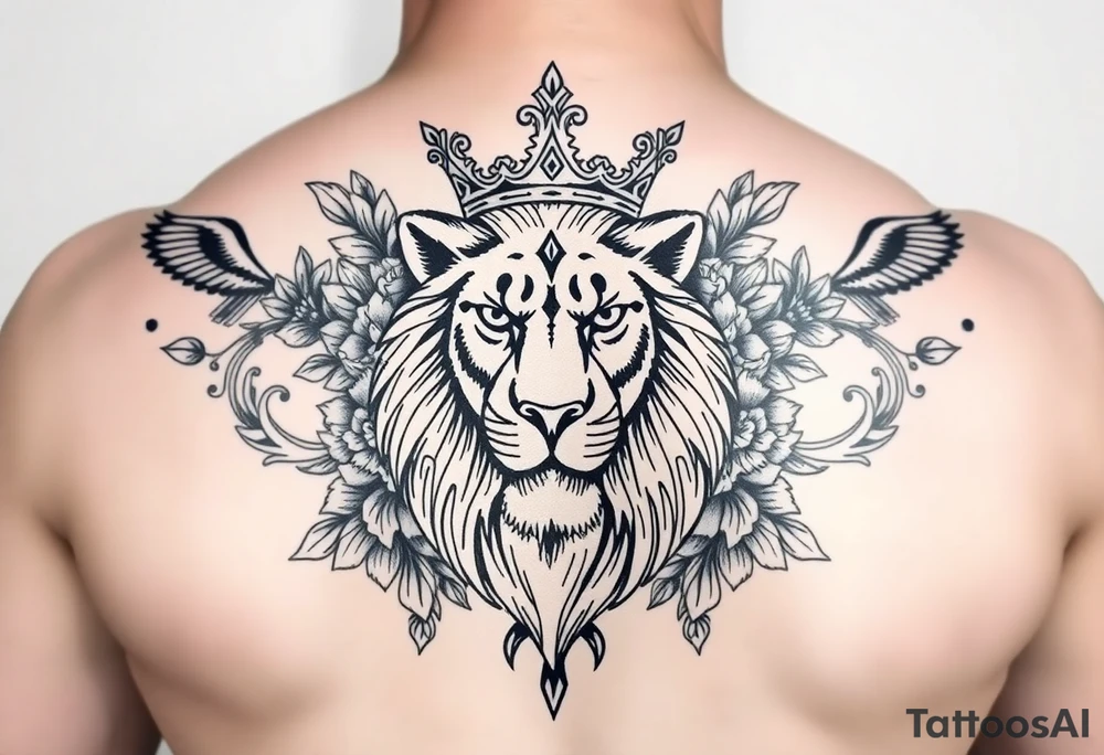 powerful majestic lion with a crown, surrounded by floral ornaments and birds tattoo idea