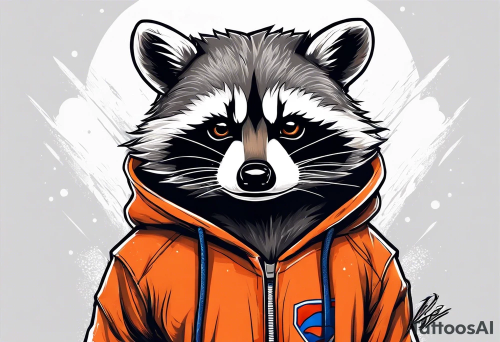 Raccoon wearing an orange Superman hoodie tattoo idea
