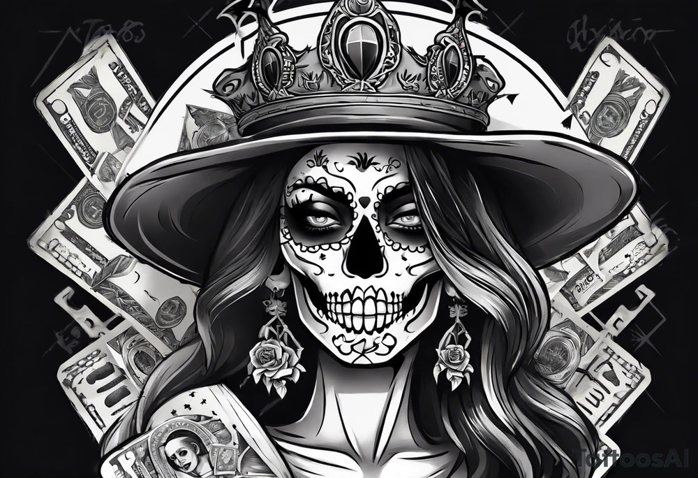 santa la muerta with money and crown
on the card tattoo idea
