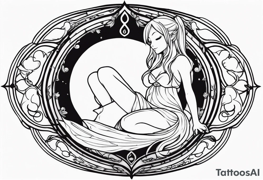 A fairy with a tail inspired by the logo of the show called Fairy Tail in a fetal position leaning in tattoo idea