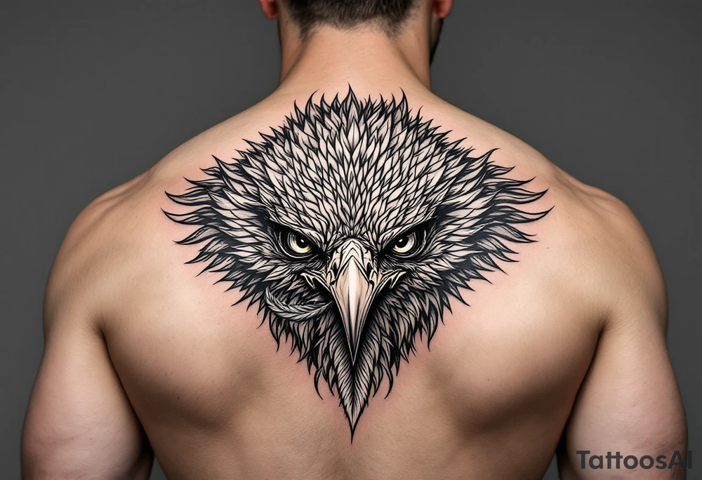 Fierce bird with all seeing gaze and sharp talons with feather in beak tattoo idea