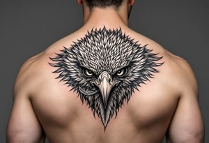 Fierce bird with all seeing gaze and sharp talons with feather in beak tattoo idea