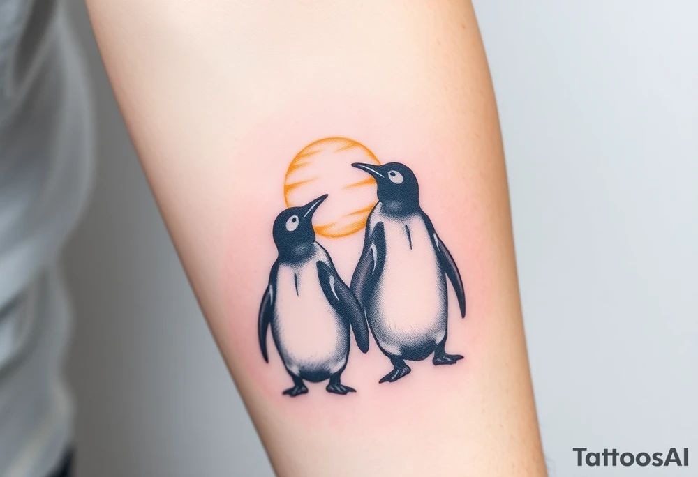 Penguin couple, looking away towards a sunset tattoo idea