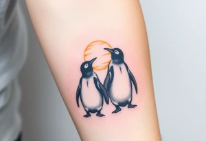 Penguin couple, looking away towards a sunset tattoo idea