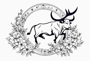 Saggitarius zodiac symbol (the archer) intertwined with the Taurus zodiac symbol (the bull) with delicate flowers tattoo idea