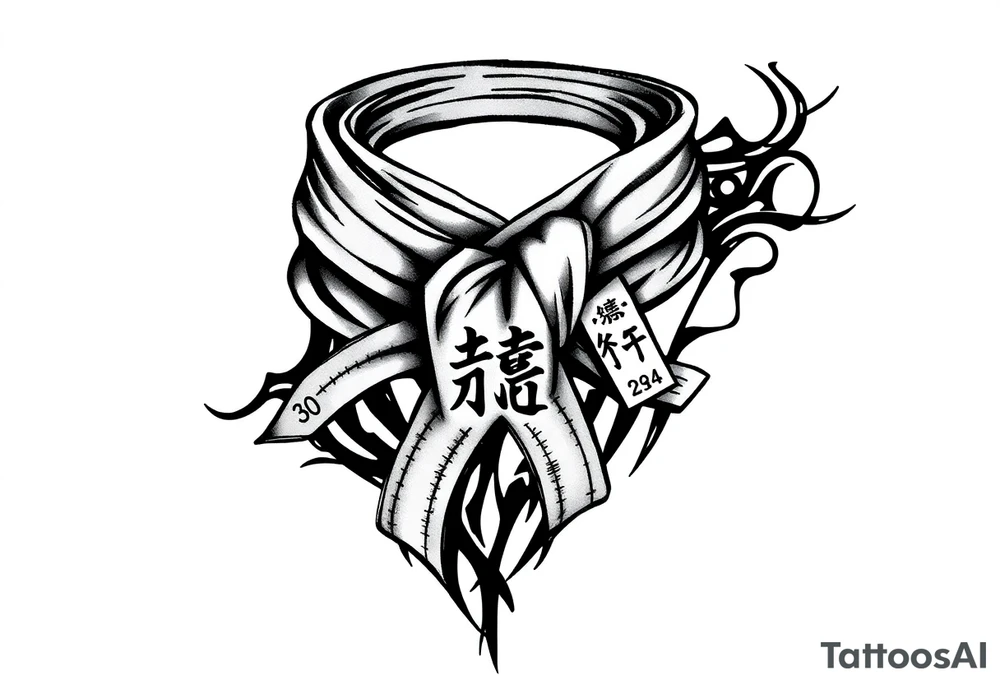 A realistic black and gray tattoo of a Brazilian Jiu-Jitsu black belt wrapping around the wrist like a bracelet. The belt is tied in a knot with one end showing the number 30 and the other showing 24. On the flat end of the belt, two Japanese kanji characters are inked in white: 成長 (growth) and 忍耐 (perseverance). The belt has subtle stitch marks and worn, textured shading for a slightly distressed, authentic look. tattoo idea