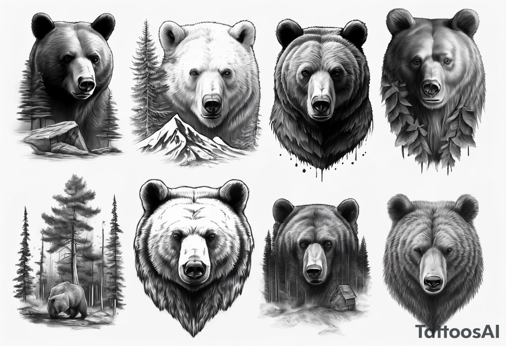 Photorealism bear and forrest sleeve tattoo idea