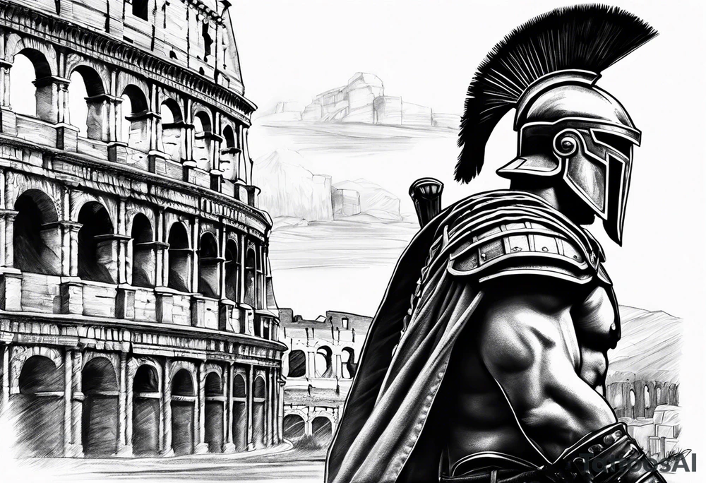 Side profile of spartan soilder with Rome Pantheon and colosseum in background tattoo idea