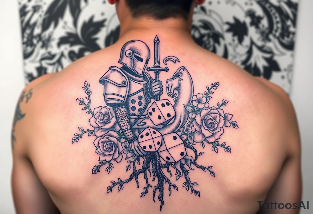 knight and squid intertwined with climbing roses and tree roots with cherry blossoms rolling dice tattoo idea